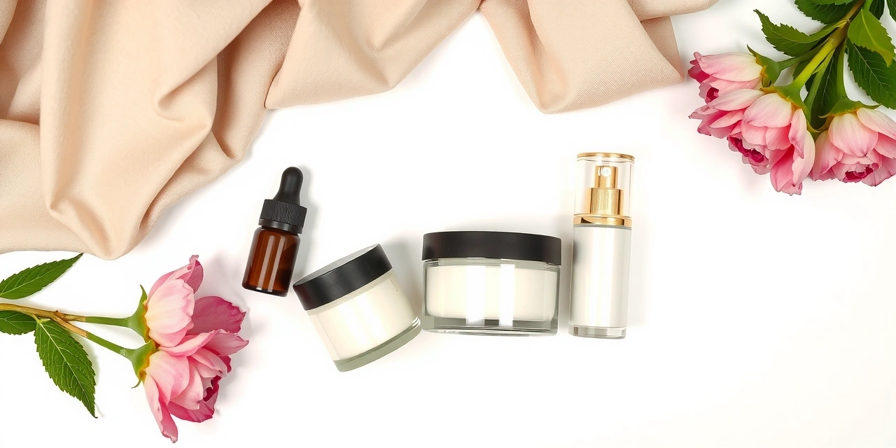 An elegant display of women's soft texture creams and serums, with delicate floral elements, symbolizing women's beauty.
