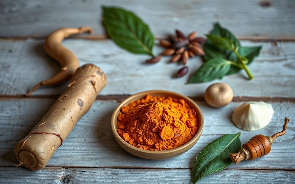 Natural ingredients for men's wellness, like ginseng and maca roots