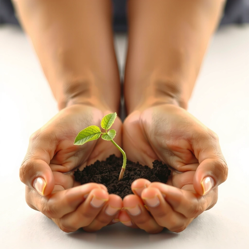 Hands holding a plant sprout symbolizing ethical sourcing