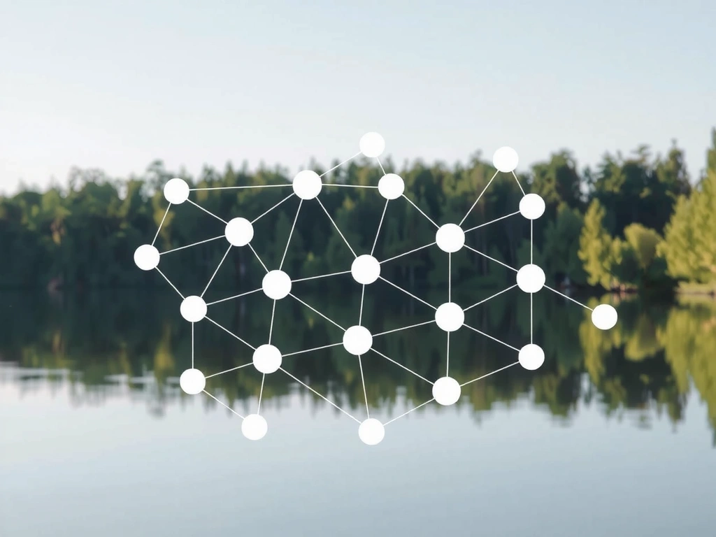 Abstract network of interconnected nodes and lines, representing data sharing and third-party integrations, within a calm, natural setting.