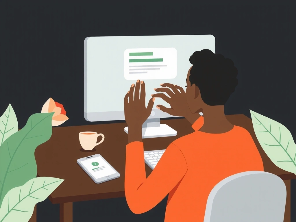 Illustration of a person interacting with a computer screen, showing data flow and processing, with subtle botanical elements in the background.