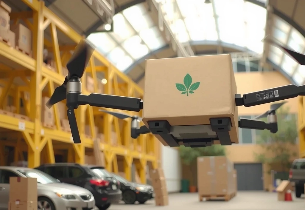 A package being delivered by a drone with a botanical logo, representing fast and efficient shipping.